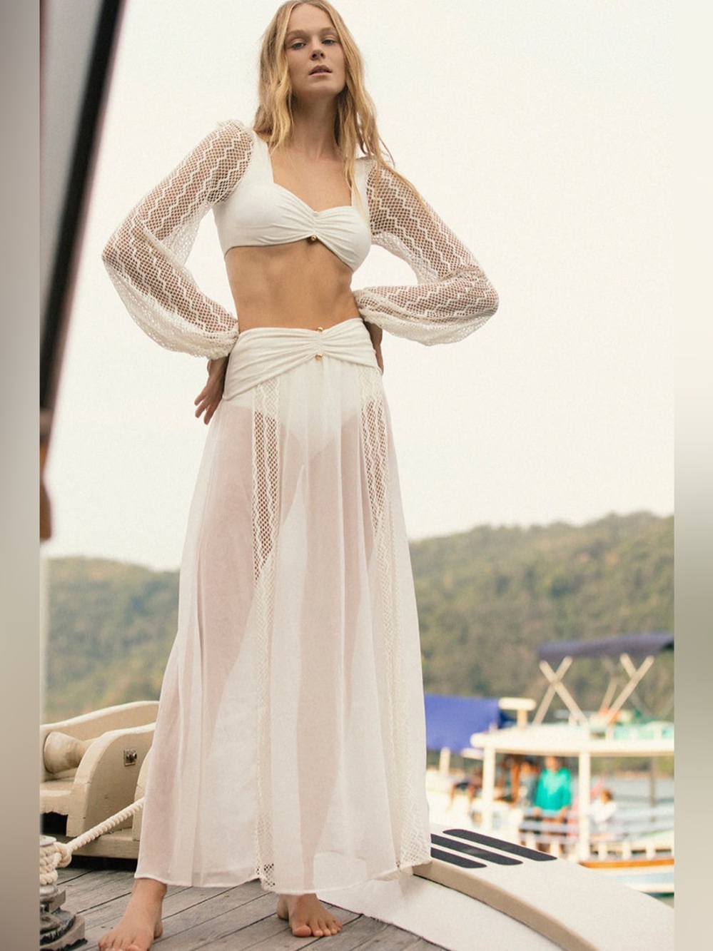 PatBo Lace Sleeve Lycra Top & Lace Skirt Set in White